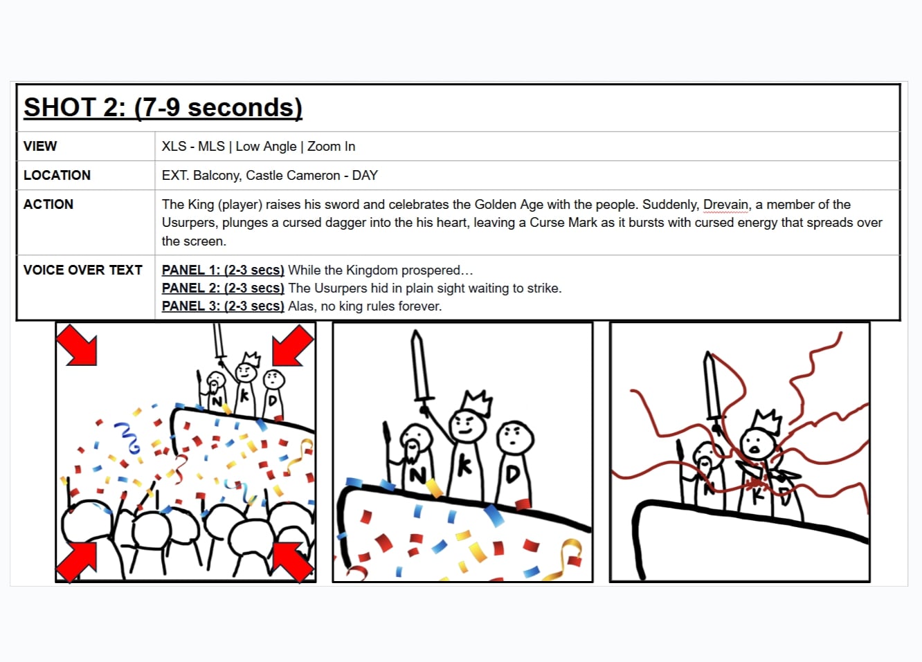 4. Created opening cinematic trailer script and sketched a storyboard that leads into gameplay.